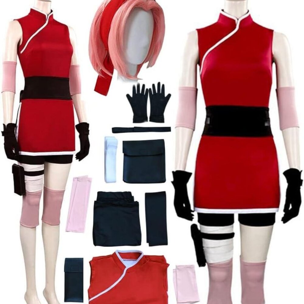 Anime Cosplay Costume Dress Red Outfit with Wig, Gloves, Belt, etc...